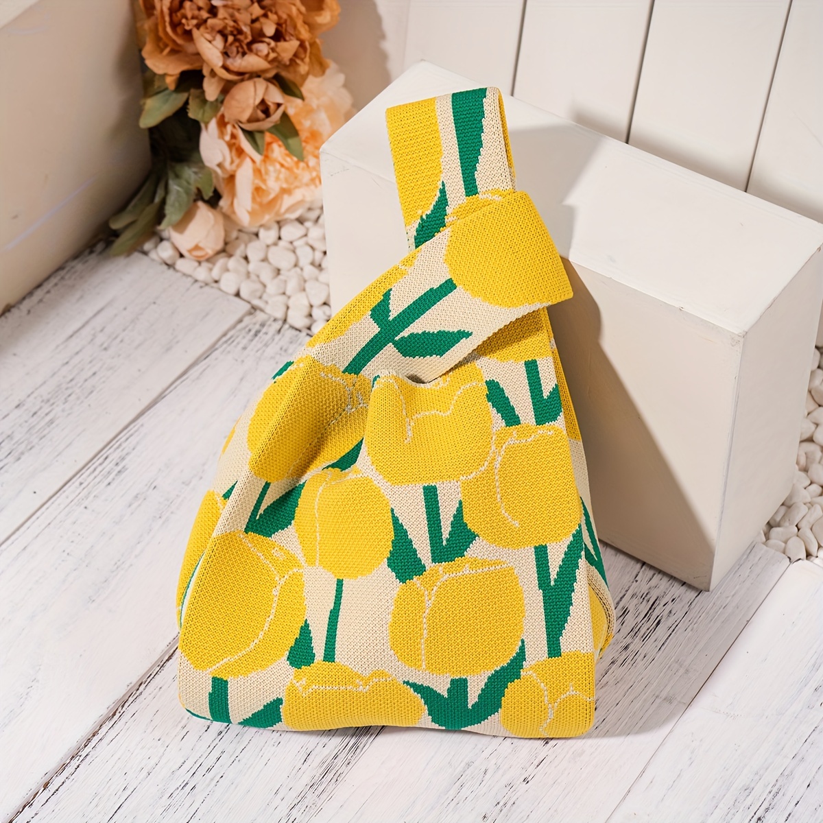 

1pc, Korean Style Versatile Sweet Flower Design, Yellow Tulip Pattern, Satchel Knitted Daily Use Bag