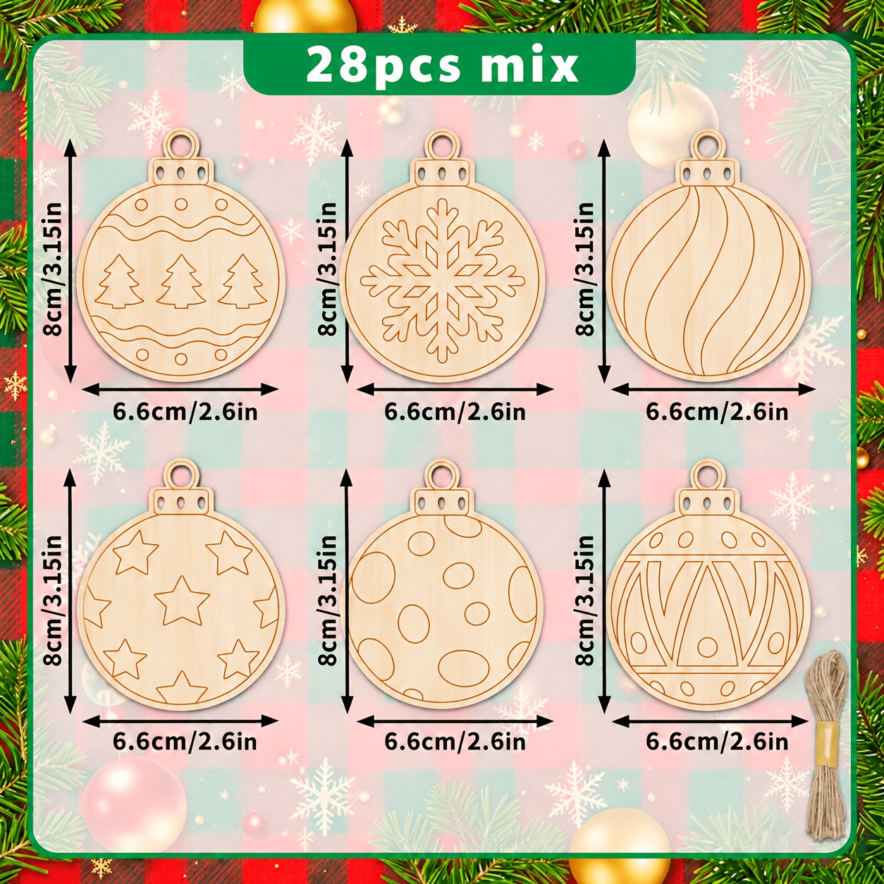 TEMU 28pcs Mixed Christmas Wooden Ball Ornament Craft Kit For Tree Decorating And Gift , Unfinished Wood Art Supplies Set For Holiday Pendants And