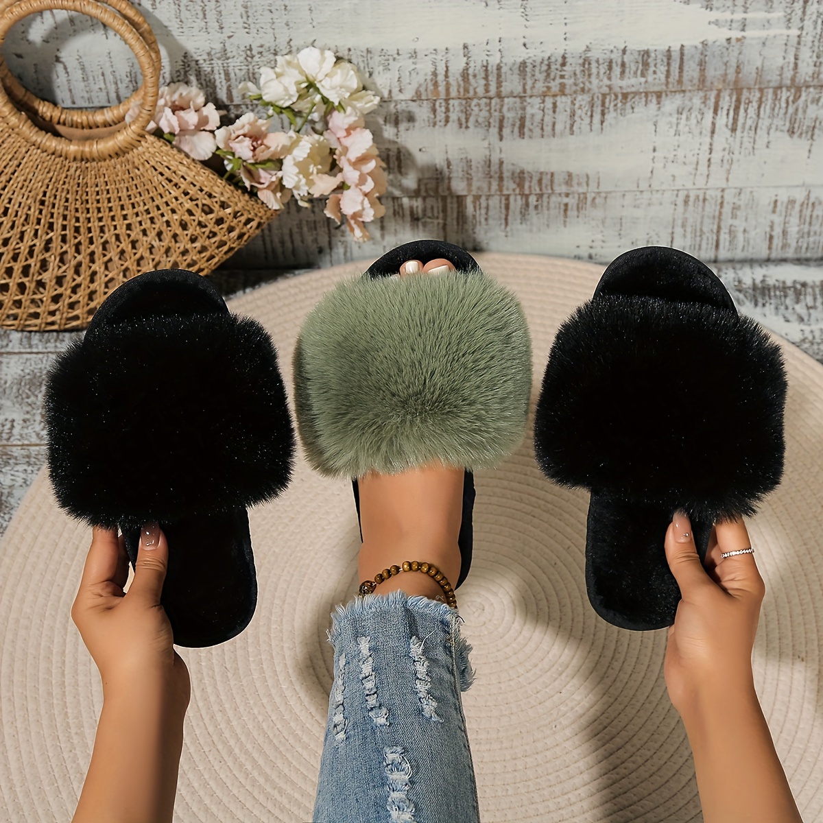 

Women's Fluffy Faux Fur Slippers Solid Color All-season Slip-on House Shoes With Rubber Sole, Honey Girl Style, Indoor/outdoor Comfort Slippers From Taizhou