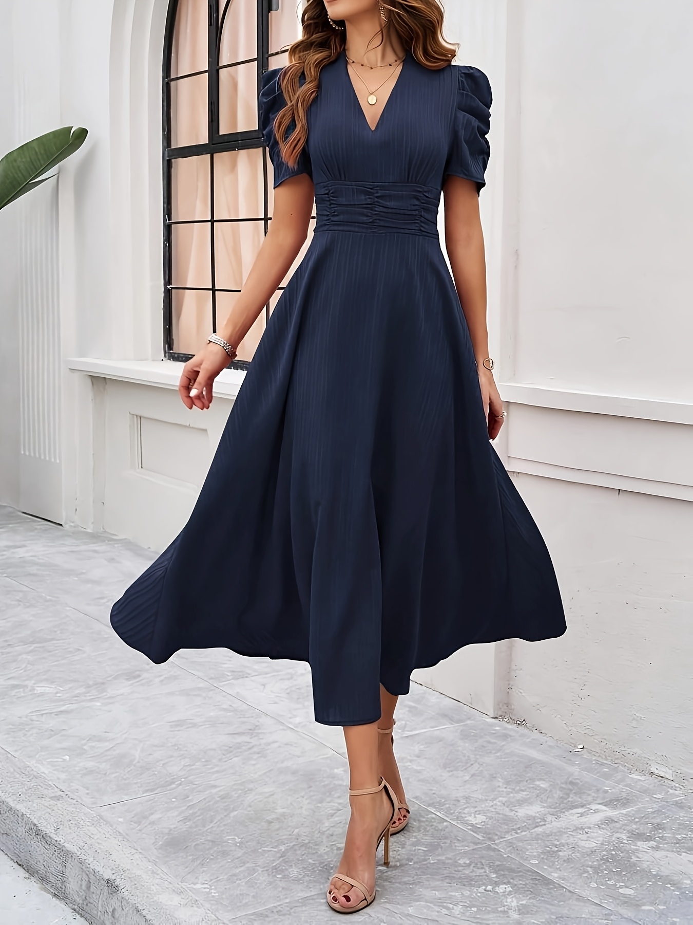 elegant v neck midi dress women solid color navy blue ruched