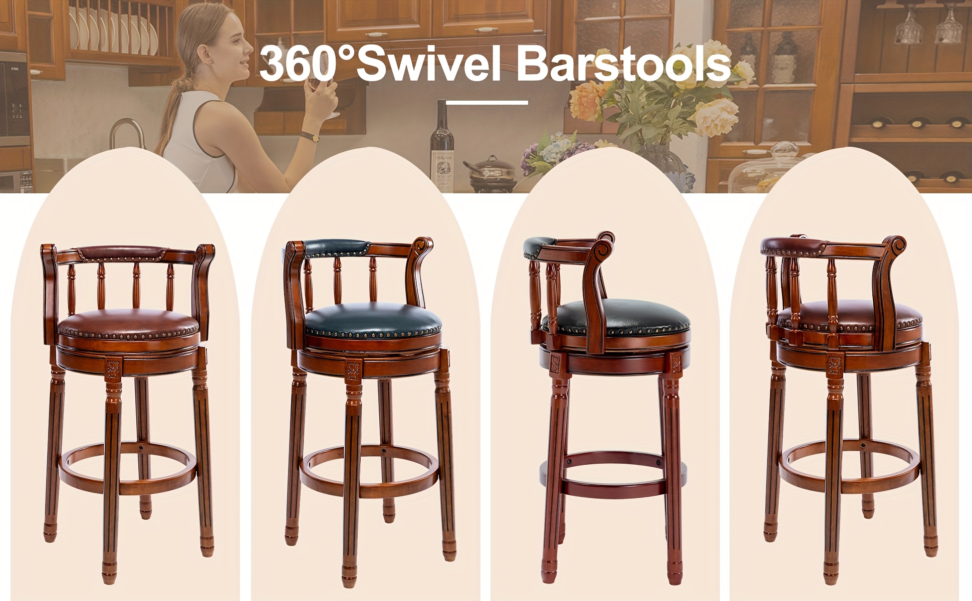 360° Swivel Modern Bar Stool with Premium Leather Seat and Dark Wood Finish - Hand-Nailed Trim, Durable Rubberwood Construction, Suitable for Kitchen Island, Home Bar, or Dining Area