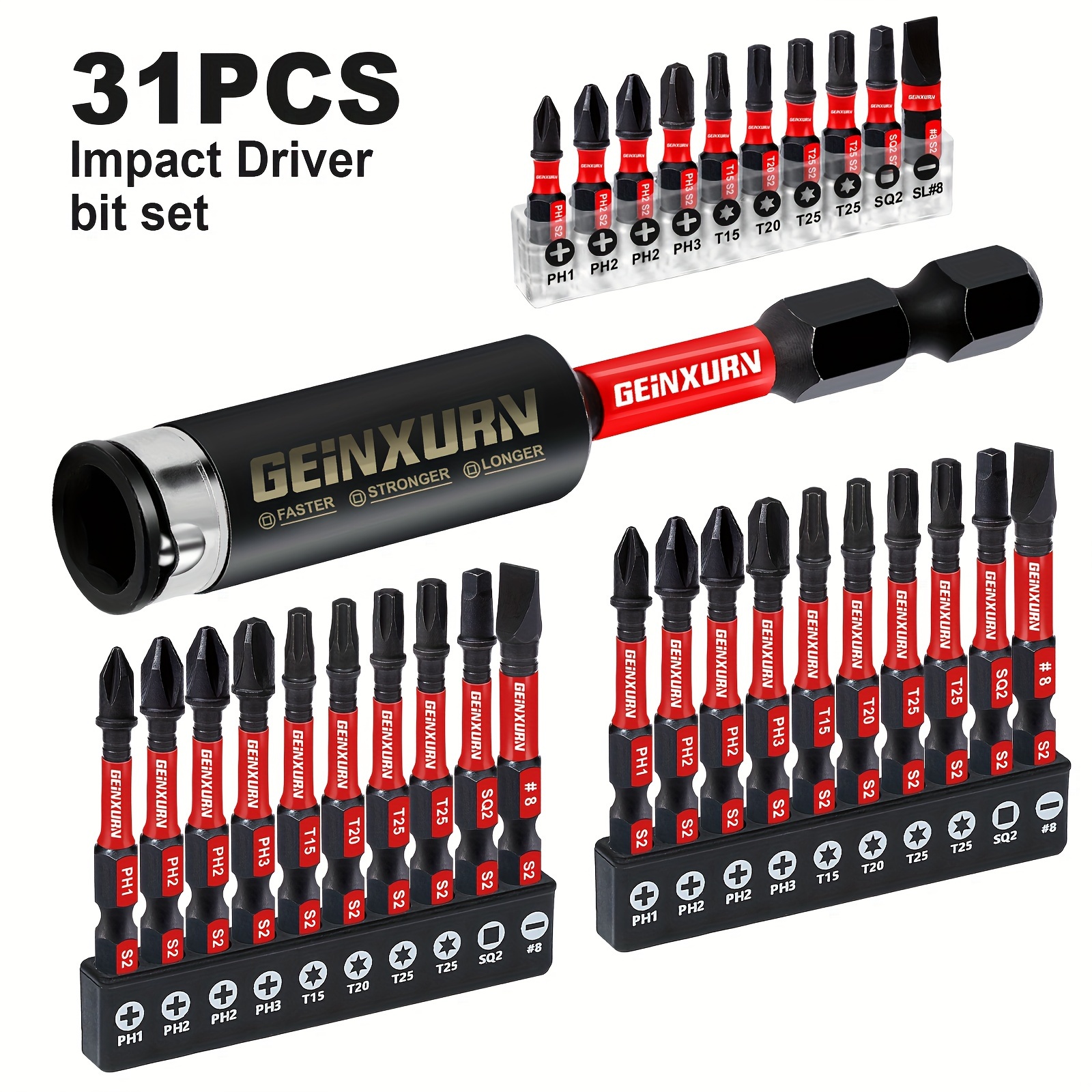 

GEINXURN 31pcs Ensemble de mèches pour perceuse à impact, acier S2, tête , 1"/25mm, 2"/50mm, barre d'extension à double serrure de 75mm, aucune , rouge/blanc/noir