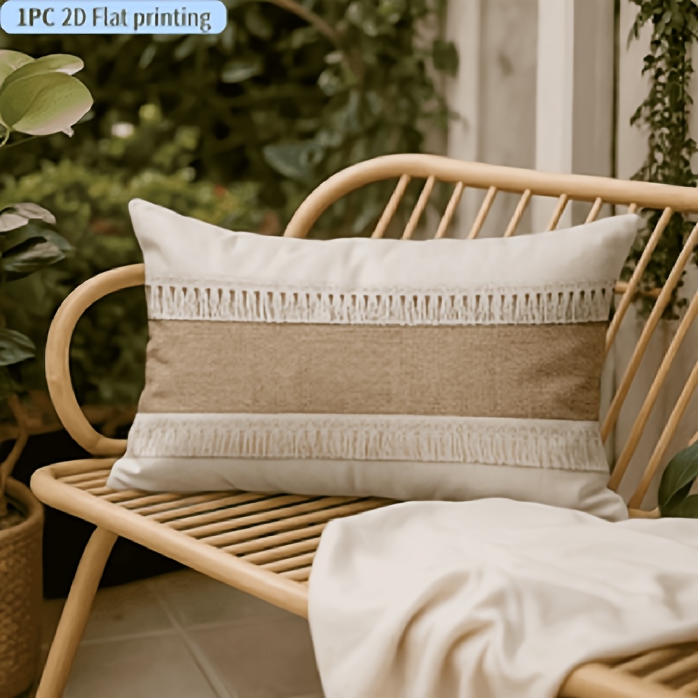 TEMU 1pc Beige Tassel Textured Printed Short Plush Pillow Waist Pillow Cover, 2d Flat Printing No Embroidery, Bohemian Gentle - Style, Best Friend