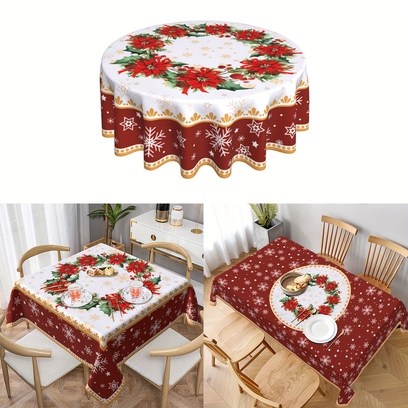 

Christmas Holiday Graphic Pattern Tablecloth - 100% Polyester, Machine-woven Round Table Cover For Christmas Party - Indoor Dining Decoration, Seats 4-6