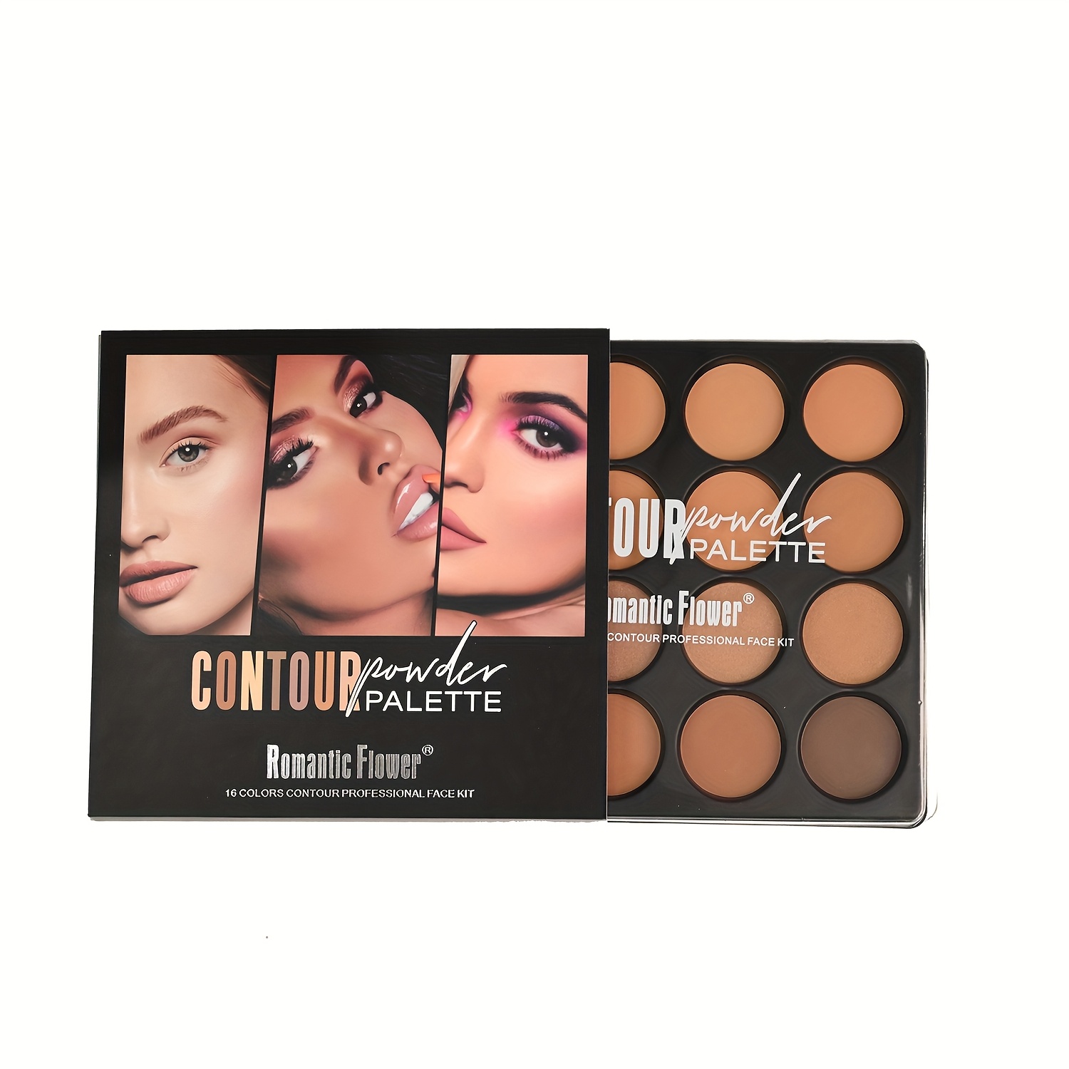 Dark Skin 16 - Color Powder Compact Palette, 12 Color Contour & 4 Color Highlighter Powder Palette, Full Coverage Matte Natural Long Lasting Face Cosmetics.