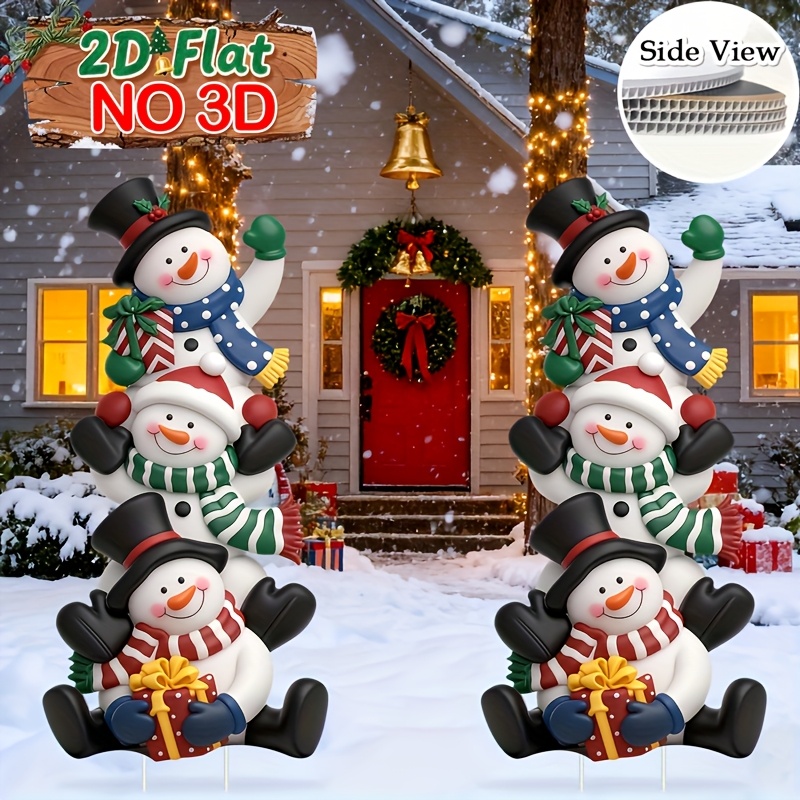 TEMU 2d Flat, 2pcs Christmas Yard, Large Christmas Stacked Snowman, Plastic Wooden Stake, Christmas Decoration, Winter Sign Lawn Garden Decoration Is