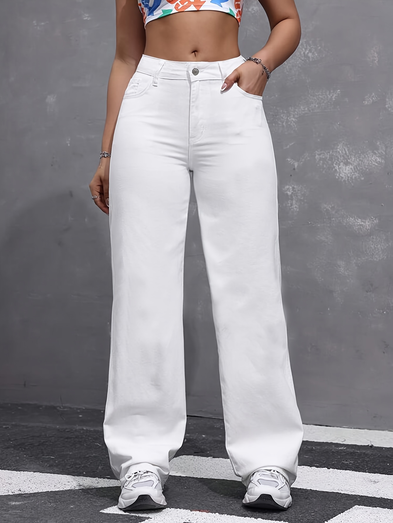 Women's High-Waisted Wide-Leg Jeans, White Fashionable Denim, Casual Loose Fit, Solid Color, Long Length, All-Season, Washed Out, Button Closure, for Everyday Wear