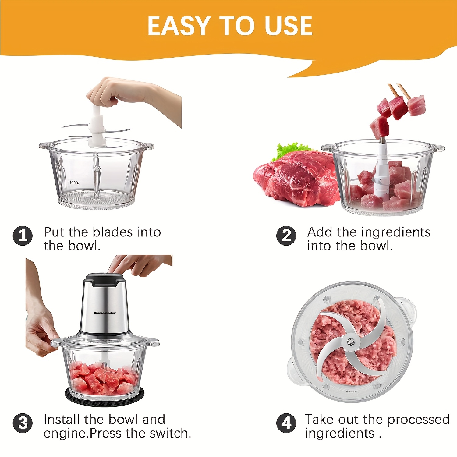   electric food processor chopper 4 stainless steel blades single bowl multifunctional for meat vegetables fruits nuts   easy clean effortless meal   gadget Product details 6