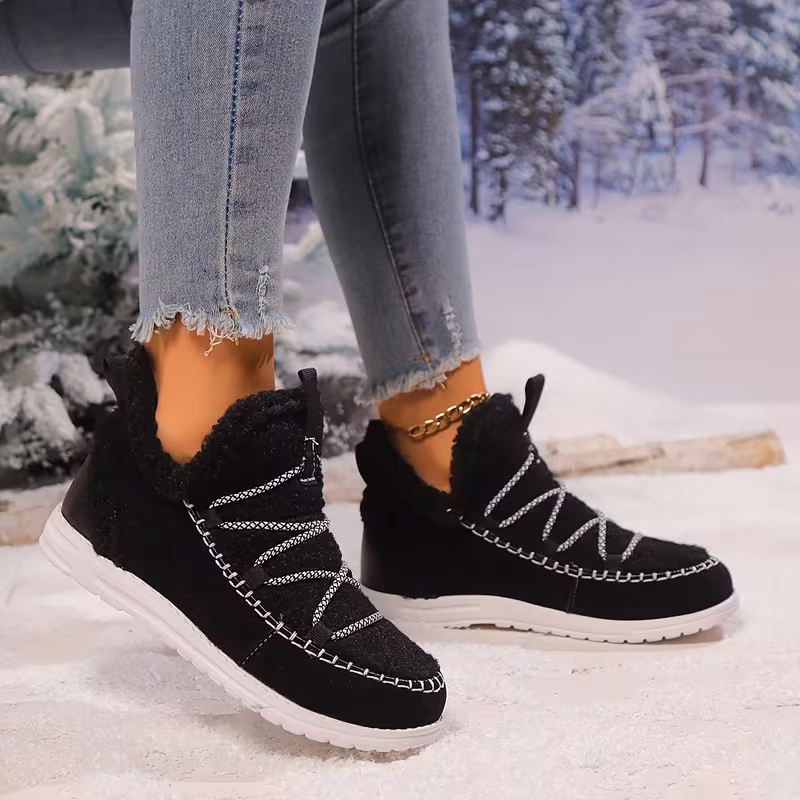 womens plush winter boots with thickened fleece lining slip on round toe flat sole brown cover upper eva sole cushioned insole Product details 0