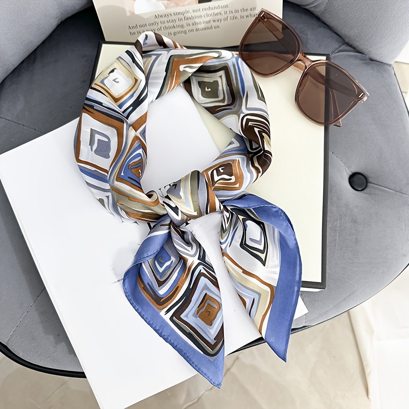 TEMU Pañuelo de moda con geométrico azul y que mide 27.5*27.5 pulgadas, versátil para usar como pañuelo para la cabeza de mujer, chal o envoltorio,
