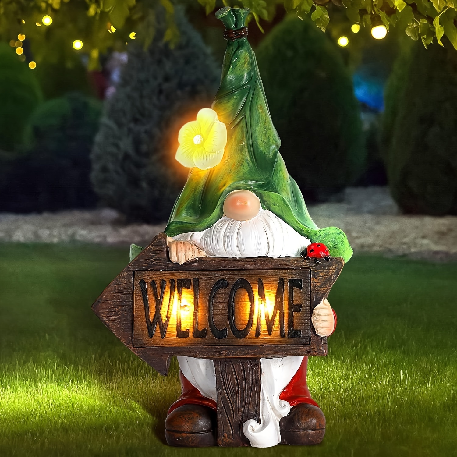 

Garden Decor Solar Welcome Gnome Statue For Porch Yard Patio, Resin Gnomes Figurine With Solar Flowers And Sign Lights Outdoor Solar-powered Yard Art Decorations For Lawn Gardening Gifts Thanksgiving