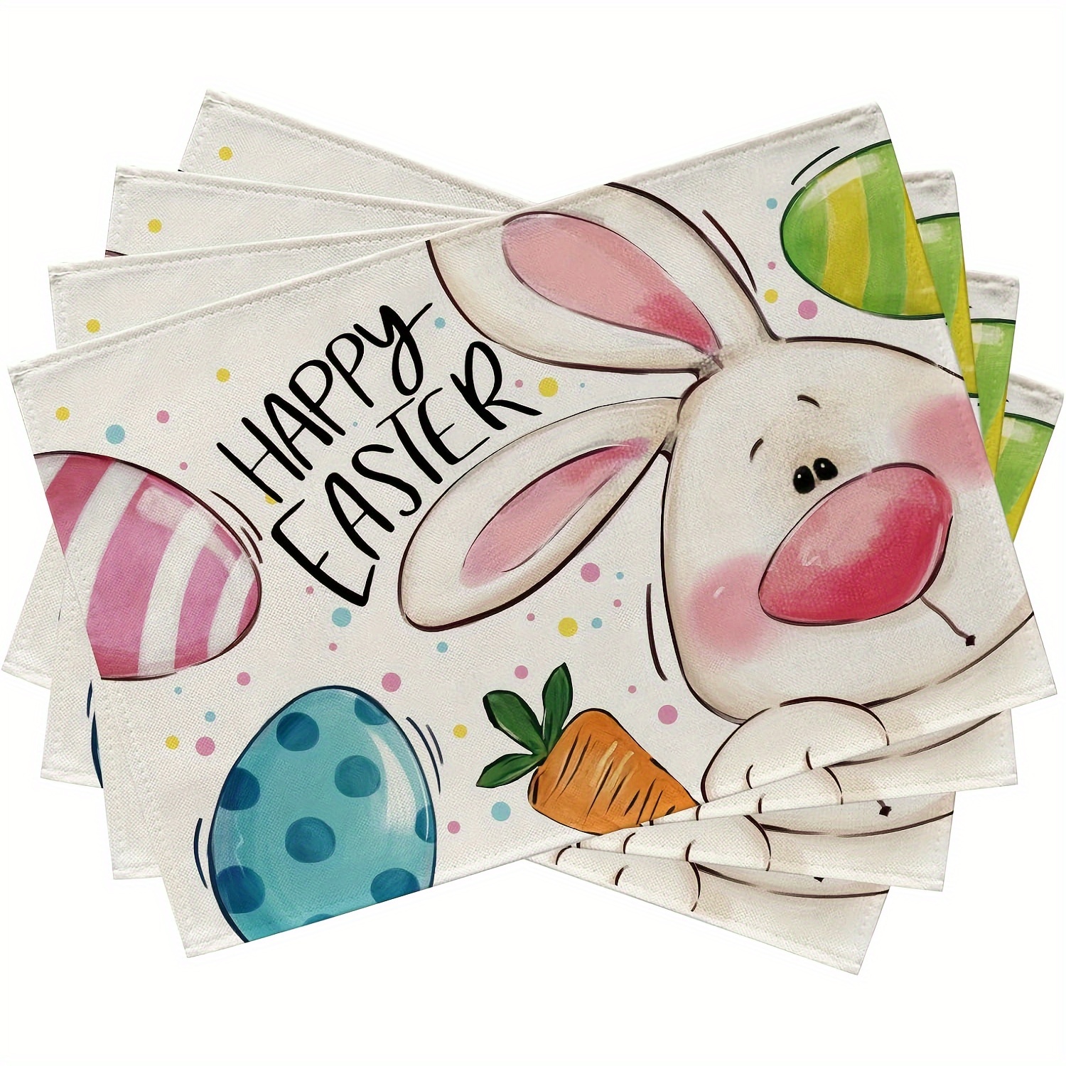 Set Of 4 Placemats Featuring A Easter , Complete With Adorable Rabbits, Eggs, Carrots, And Polka Dots. Perfect For Dining Tables, Farmhouse- Decorations Measure 12 X 18 Inches