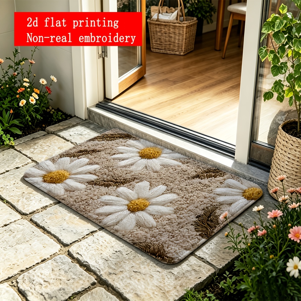 TEMU 2d Flat Printing 1pc New Beige Flannel Floor Mat With White Daisy Pattern, Non-real Embroidery, Suitable For Kitchen, Hallway, Bedroom Entrance,