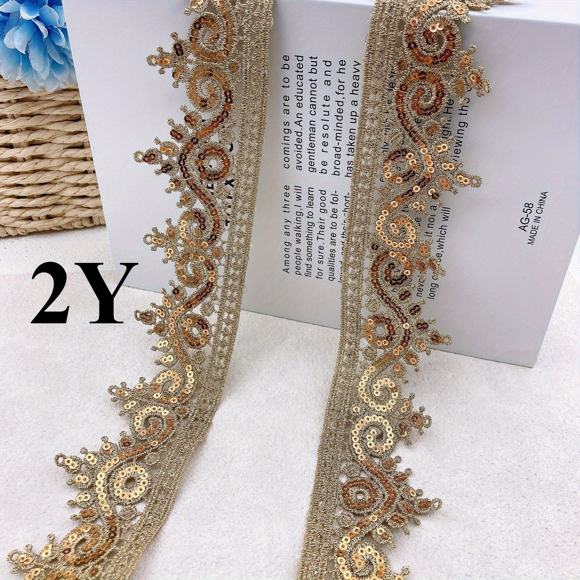 TEMU Nastro di pizzo decorativo ricamato con paillettes dorate 2Y/5CM/1.97N, per abbigliamento, decorazioni nuziali e artigianato