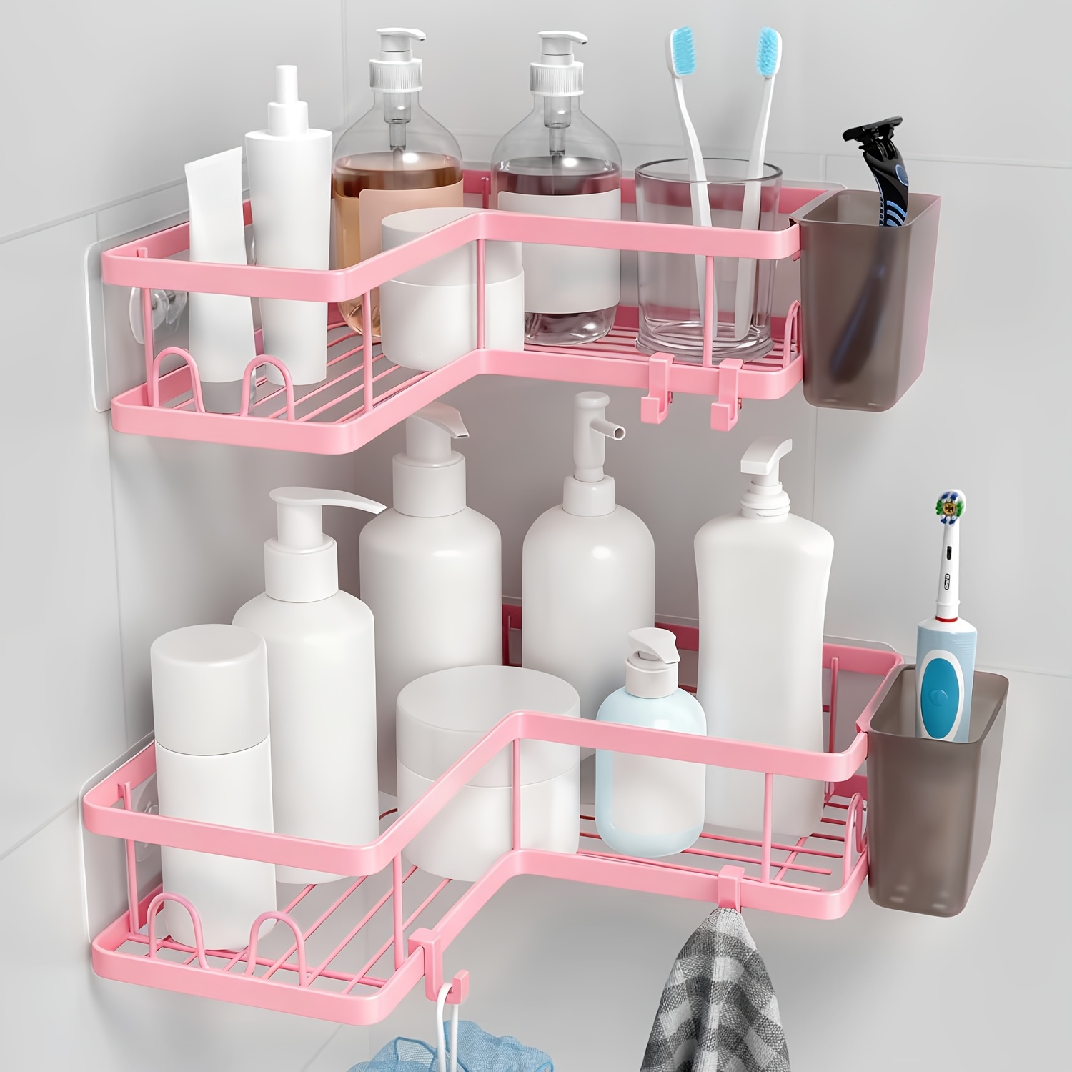 TEMU Lot de 2/3 supports de douche adhésifs, organisateurs de douche de salle de bain perçage, avec crochets amovibles et porte-savon, étagères de