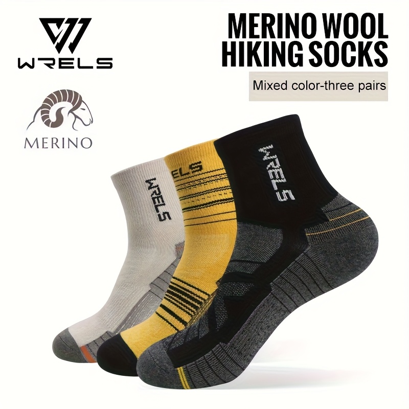 three pairs of   merino wool   calf sports socks that are warm breathable and comfortable with shock absorbing features each pack contains three pairs making them ideal for any season and   activities like hiking running