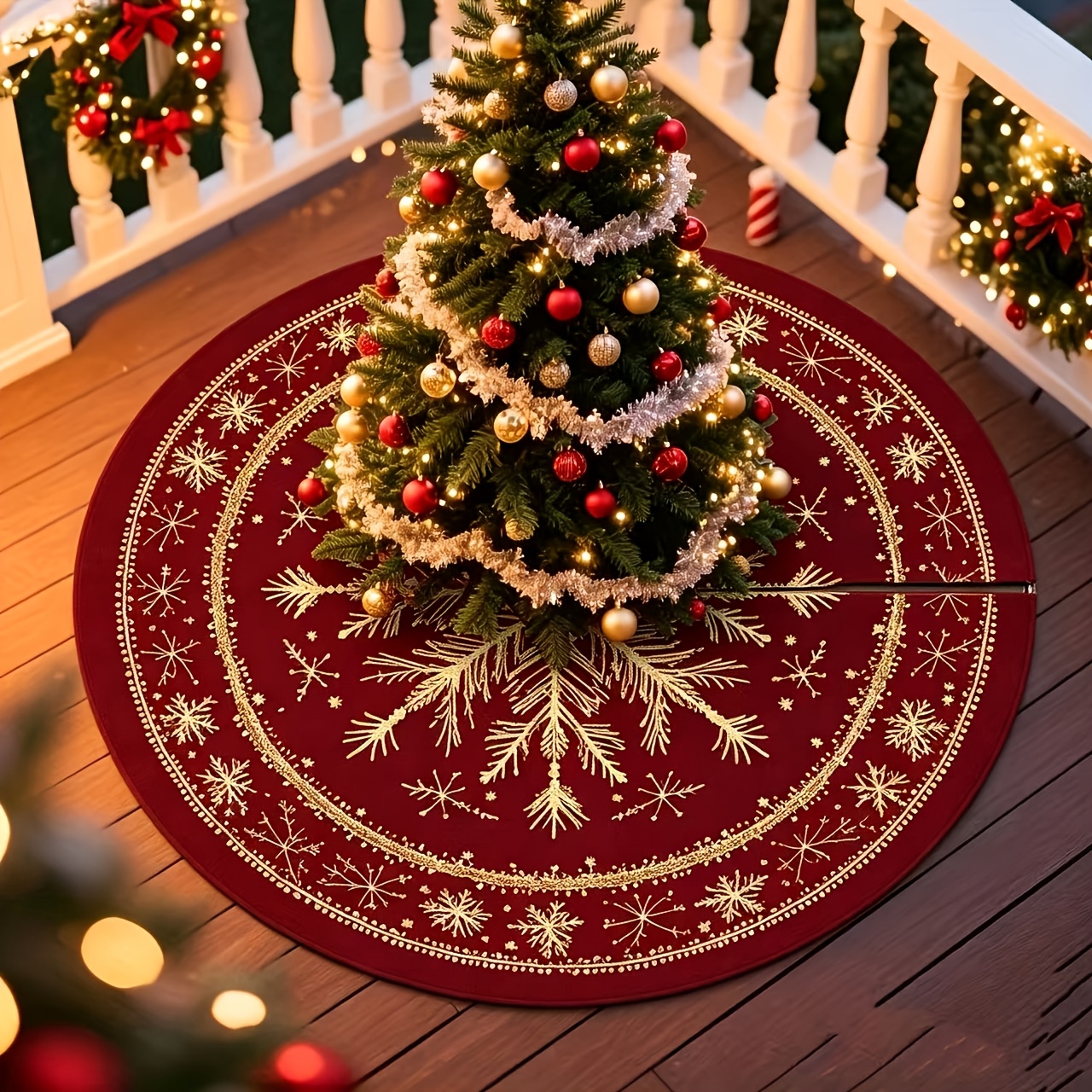 TEMU 1 pieza Falda para árbol de Navidad, con dorados, tapete para base de árbol de Navidad, decoración para fiestas y hogar en festivales, alfombra