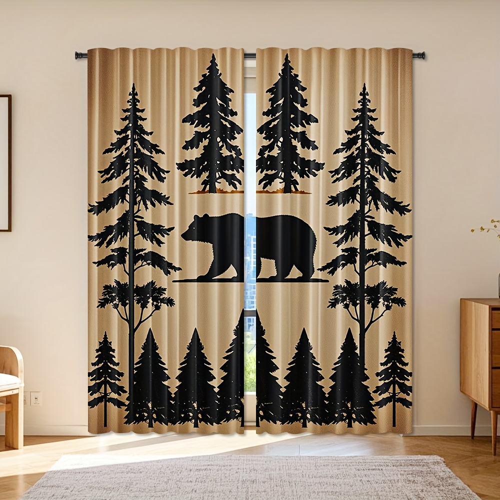 2pcs Artistic Rustic Black Bear \u0026 * Forest Curtains - * Design, HD *  Polyester Light Filtering Rod Pocket Drapes, image size:1000x1000