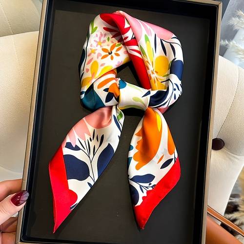 1pc elegant floral square scarf lightweight breathable satin like fabric multifunctional neck scarf shawl headband for women vibrant botanical print for beach parties daily spring summer fall accessory scarf for hair sophisticated style satinlike material hair accessory fashion accessory delicate stylish wear
