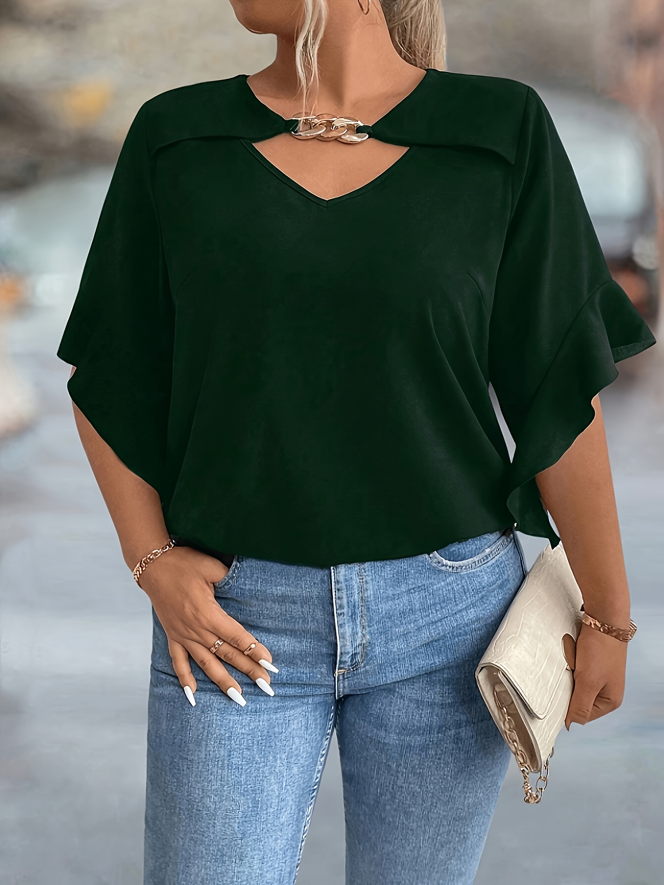 Women'S Plus Size V-Neck Blouse - Soft Pink, Ruffled Sleeves, Casual Summer Top with Golden Chain Detail, Casual Wear|Ruffled Sleeve Top|Vneckline Top