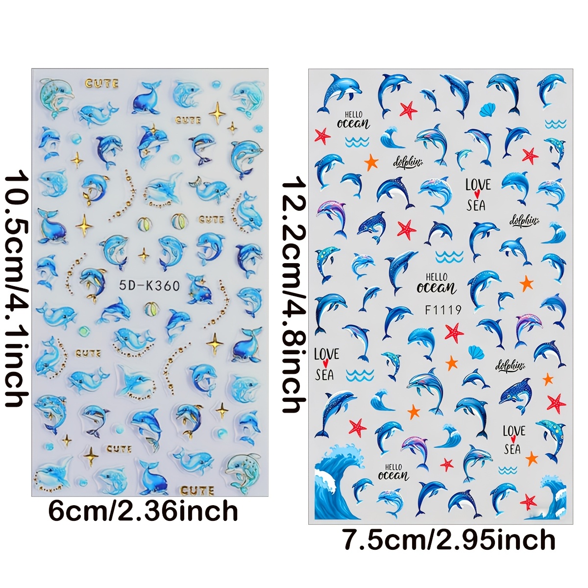 Set Of 2pcs Of 5d Embossed Nail Art Stickers Featuring Adorable Ocean , Blue Seal , Golden Stars, And Wave Patterns, Perfect For Women's Holiday Nail Decoration