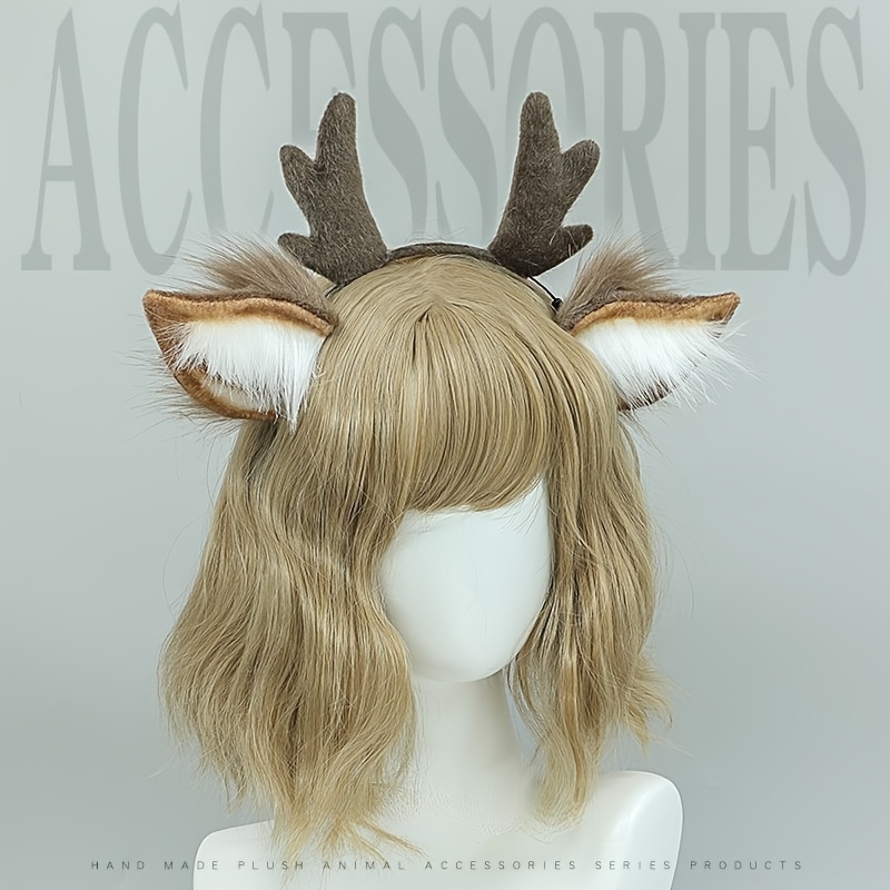 1pc Handmade Fur Reindeer Antler Headband Cute Animal Theme Cosplay Accessory 100 Polyester Woven Christmas Deer Ears Hair Hoop for Role Play and Festive Occasions