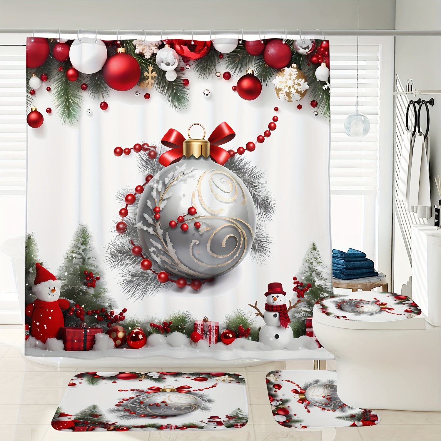 

Christmas Snowman And Baubles Shower Curtain Set With Non-slip Bath Mat And Toilet Lid Cover - Waterproof, Polyester, Digital Print Bathroom Decor With 12 Hooks - Cordless, Woven, Forest Theme