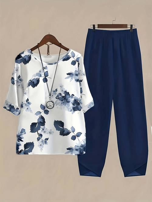 womens floral print round neck short sleeve top and solid color ankle pants 2pcs lightweight and breathable for spring summer casual daily and vacation wear