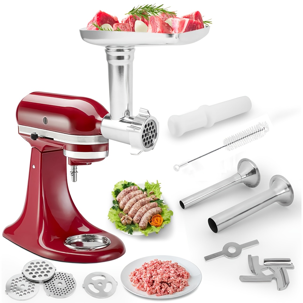 compatible for stand mixers meat grinder attachment with 4 grinding plates 2 sausage stuffer tubes heavy duty stainless compatible with ka mixers attachment only ideal for small business Product details 8