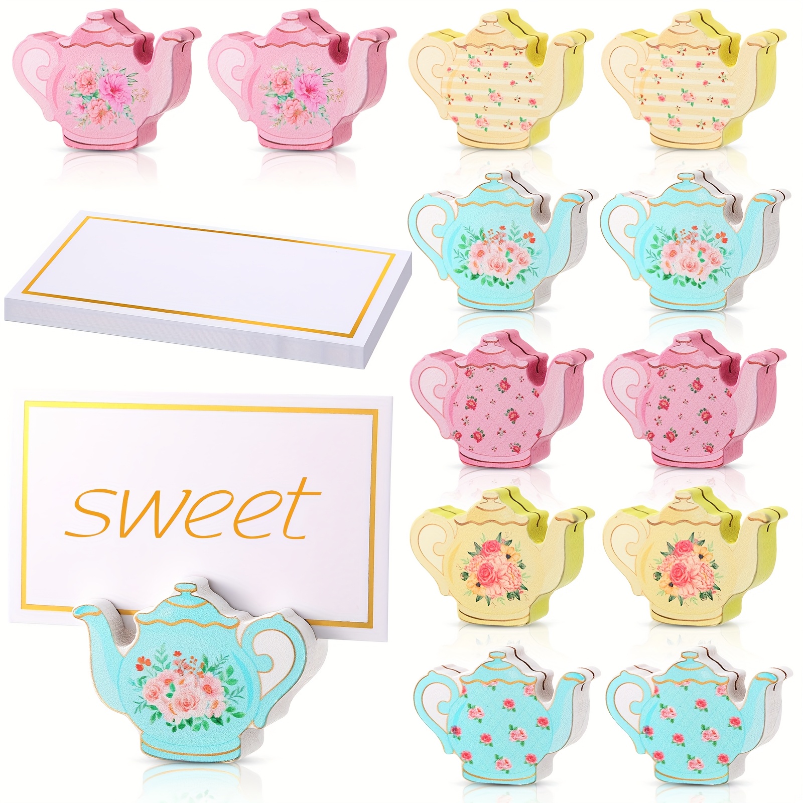 TEMU Kigley 18pcs Teapot Wooden Card Holder With 25pcs Card Tea Floral Party Wooden Table Sign Teapot Picture Number Sign Stands Holder For Tea Party
