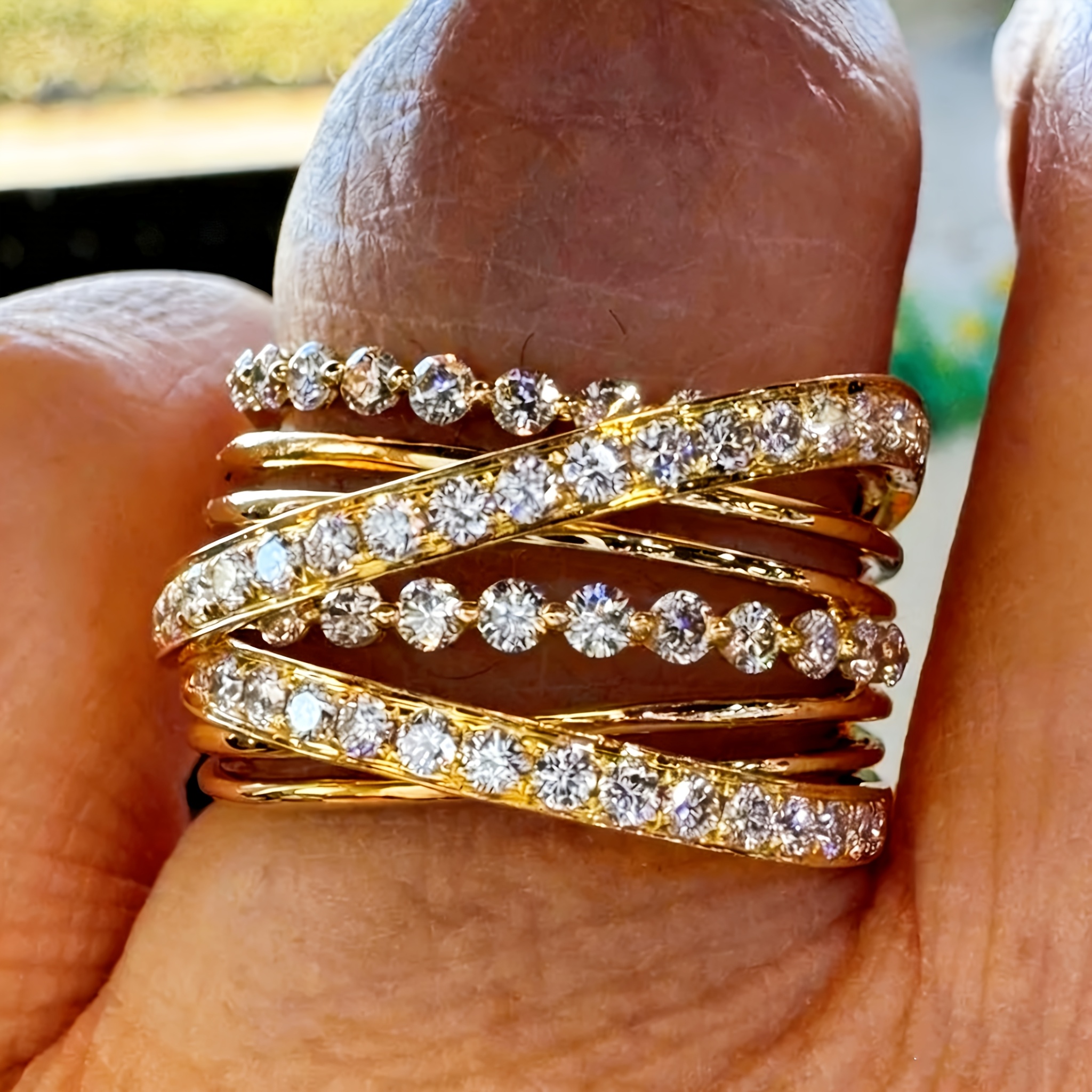 Luxury Multi-Layer Lines Interwoven Women's Ring with Synthetic Zirconia