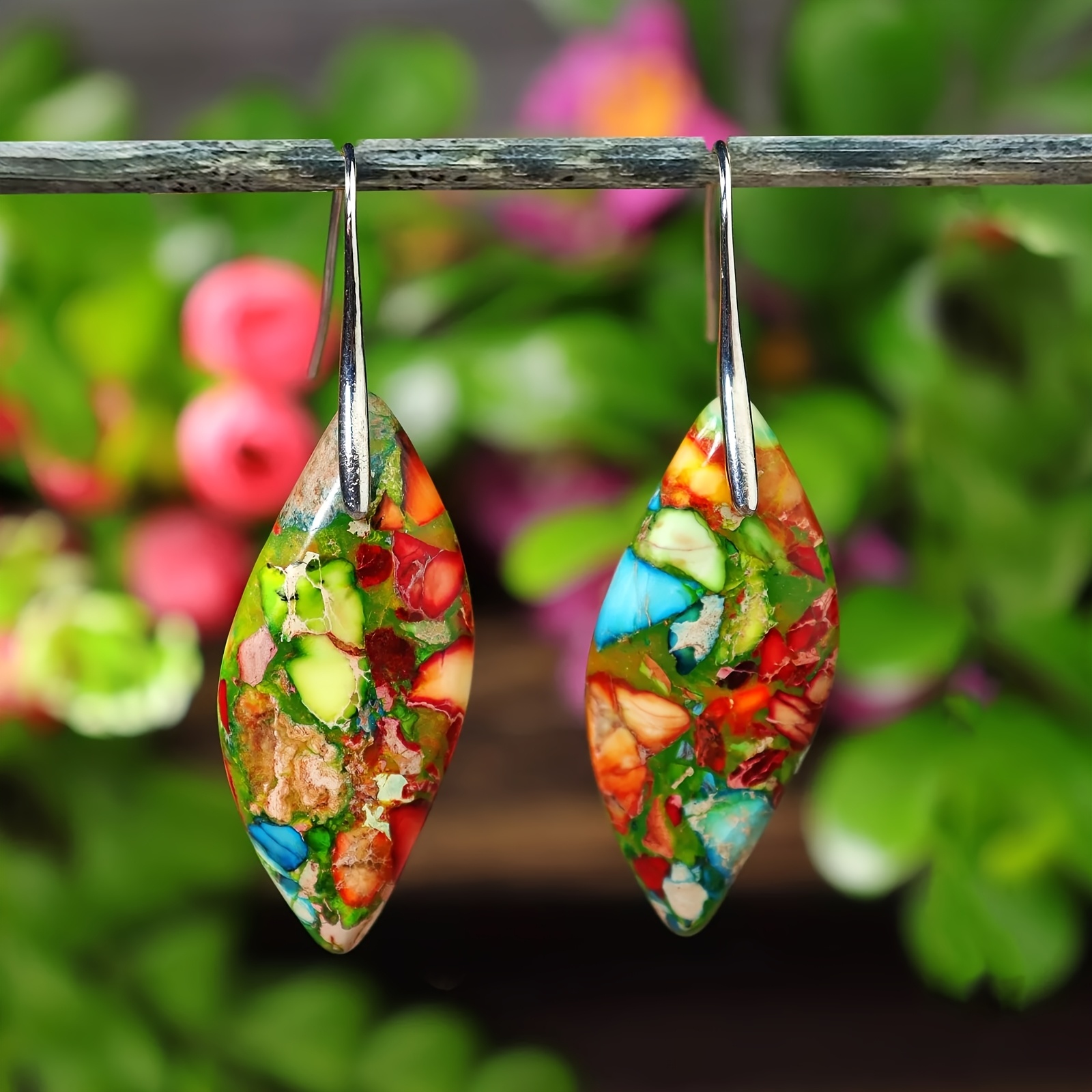 Bohemian Style Fire Sea Sediment Natural Stone Drop And Leaf-shaped Earrings, Featuring A Charm
