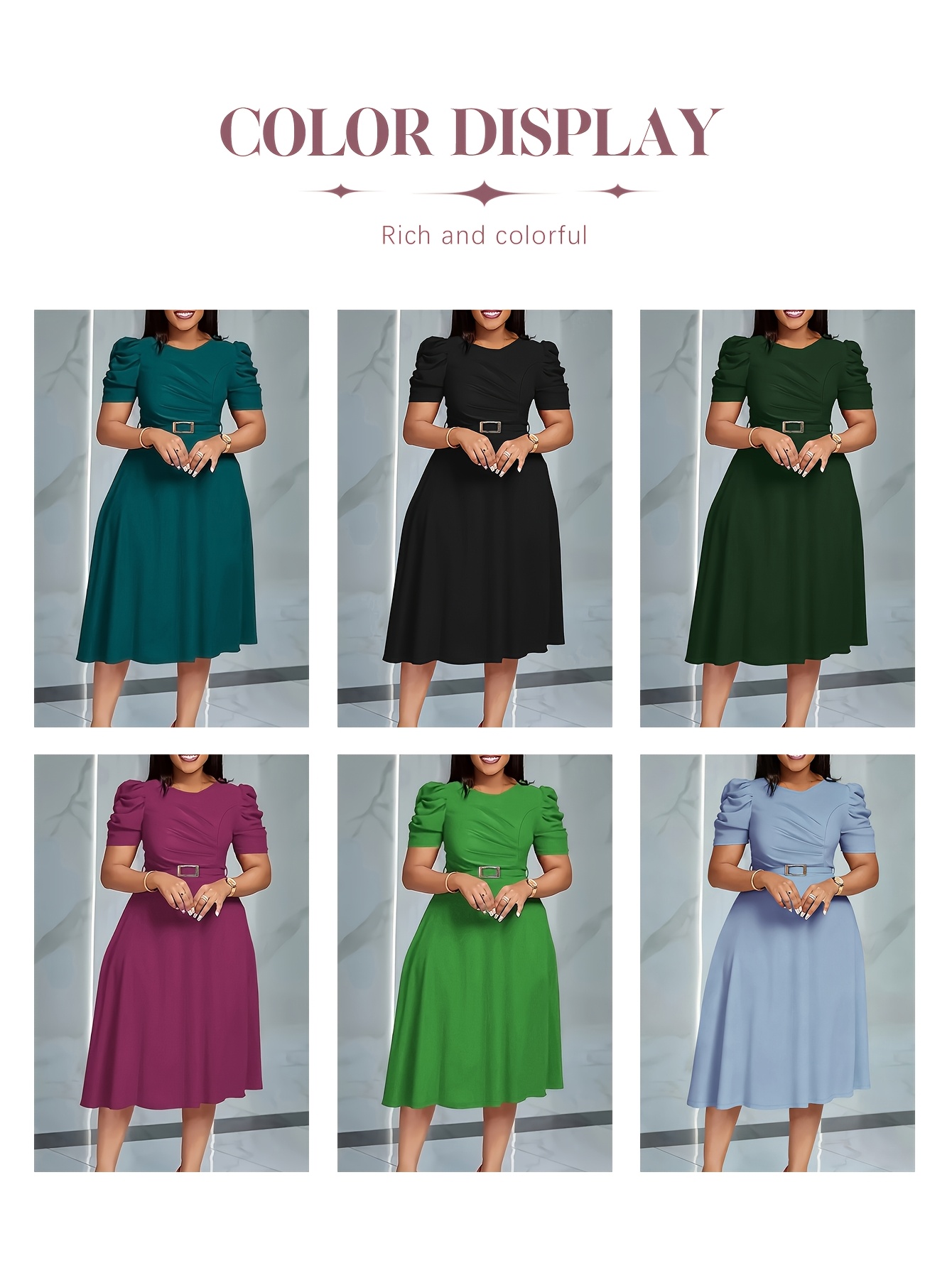 Elegant V-Neck Midi Dress with Ruffle Details | Solid Color Short Sleeve, Waist Belt, Flowing Skirt for Spring/Summer, Comfortable And Stylish Fit And Flare Silhouette