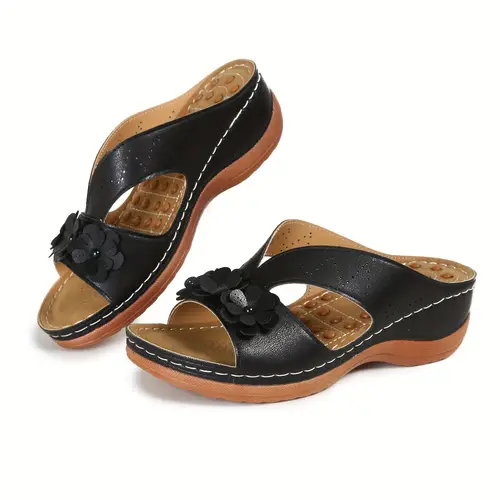 Womens Flower-Printed Wedge Sandals - Stylish & Comfortable Slip-Ons - Cushioned Peep Toe for Summer - Durable Outdoor Slides - Perfect Vacation Essential for All-Match Style