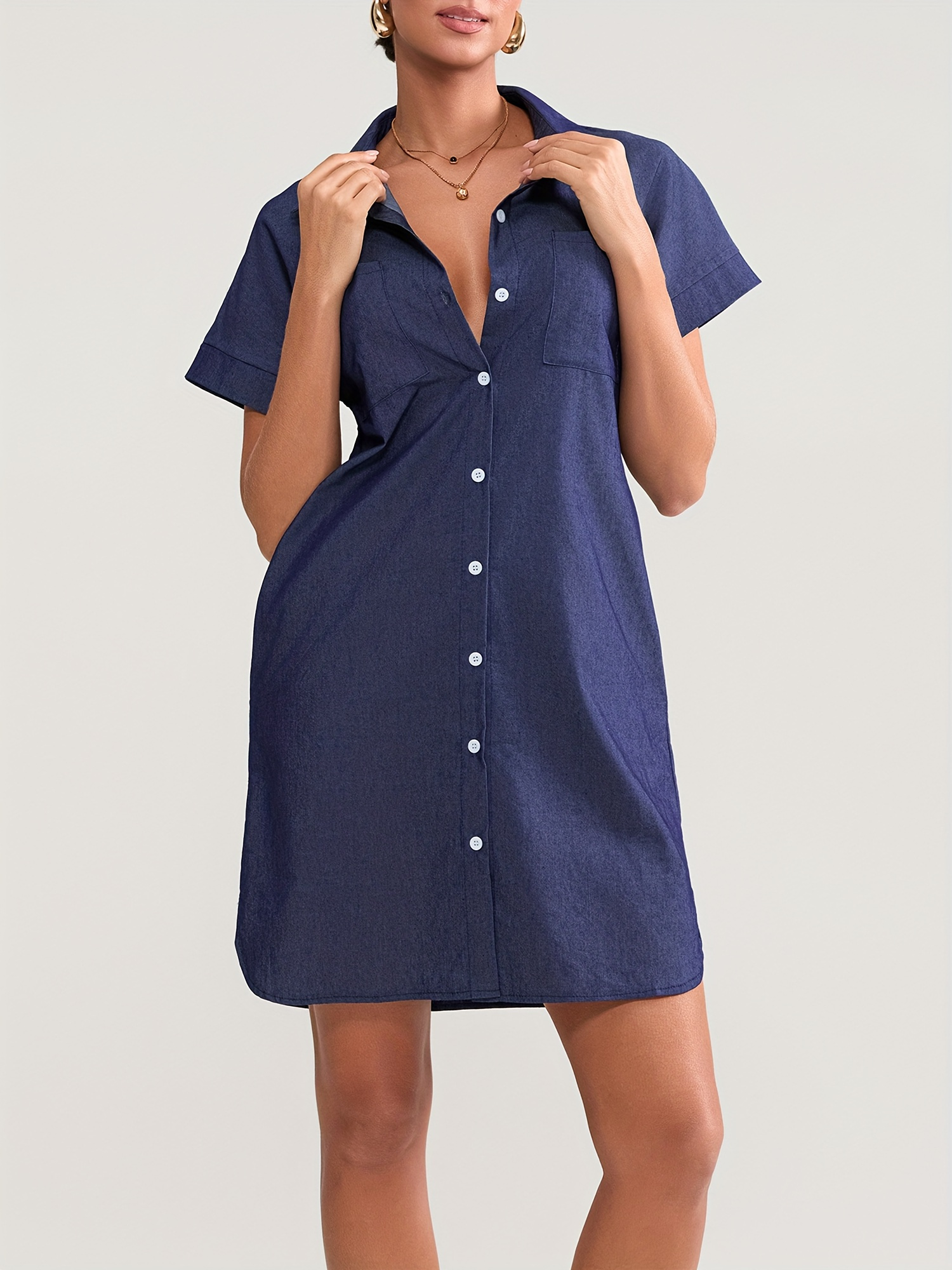 womens plus size denim shirt dress button short sleeve - Temu