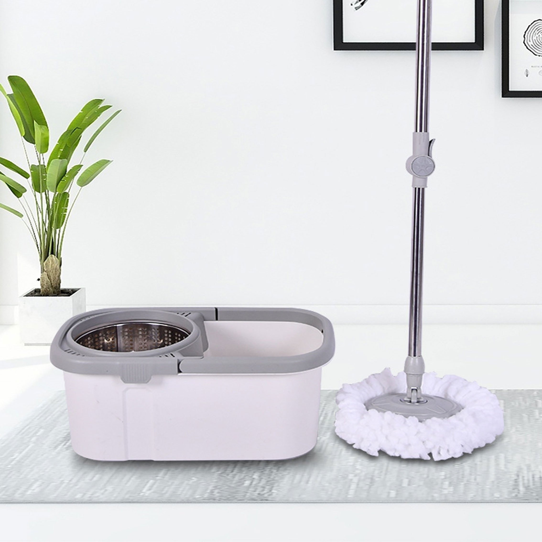 easywring spin mop and   hands free washing   rotating floor cleaner set for effortless cleaning of hardwood tile laminate floors ideal for kitchen bathroom bedroom living room   4 6 microfiber pads 1 2 3 4 replacement heads 1 2 4 mop cloths 1 2 4 squeegee versatile wet dry use   details 0