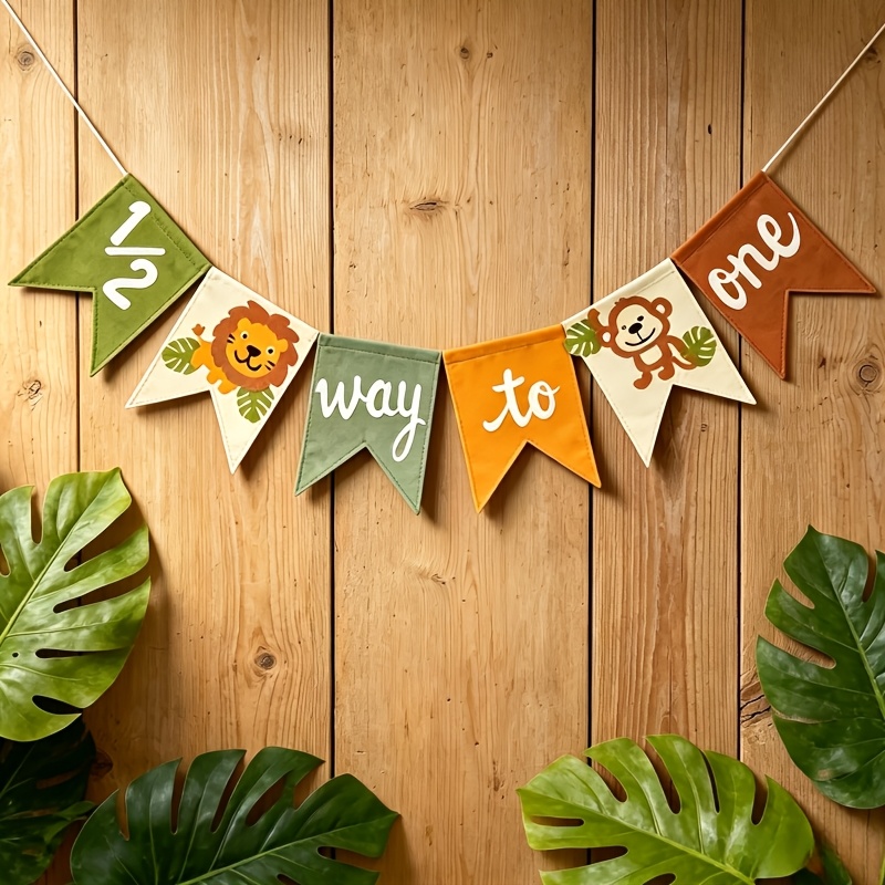 TEMU Banderole Boho en feutre Jungle Verte Animaux 1/2 Anniversaire, Guirlande de fanions Lion Singe Feuille , Accessoire photo pour pour bébé garçon
