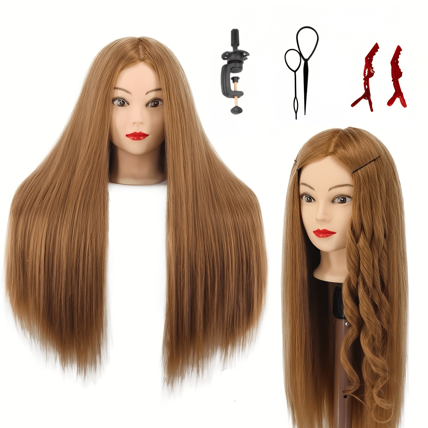Human Model Hair, High Temperature 26-28 Inches Beauty Human Model Hair Styling And Hairdressing Practice Training Doll Head Teaching Used, With Clamps And Tools