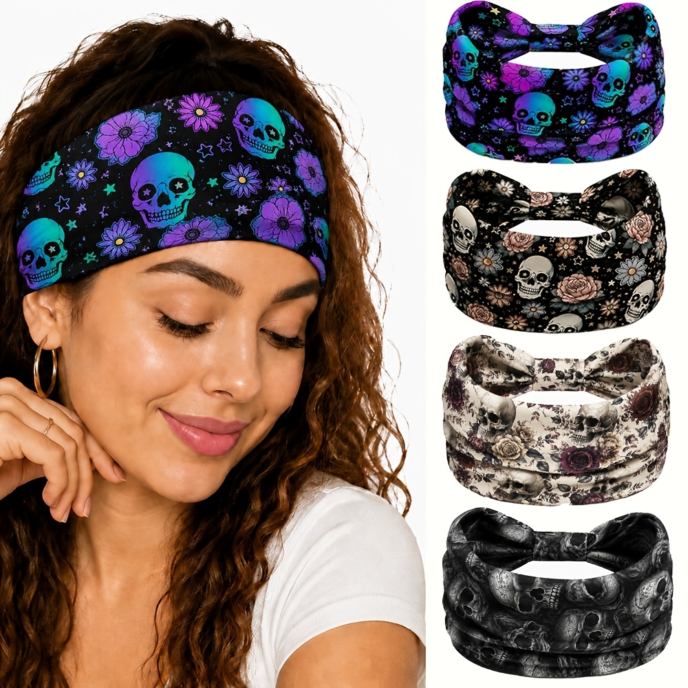 TEMU 4pcs Nrorl Women' Gothic Rose & Print Headbands - Wide Brim Non-slip Hairbands Suitable For Face Washing, Makeup, Yoga, Gym, Daily Wear - Soft