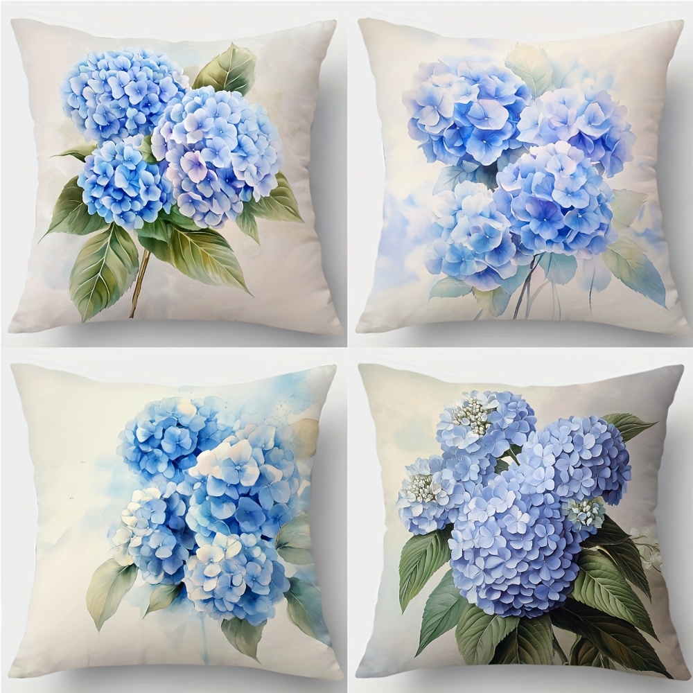 TEMU 4pcs, Printed Pillowcases, With Patterns Of Blue Hydrangea And Green Leaves, Suitable For Spring And Summer Parties, Holiday Parties, Daily