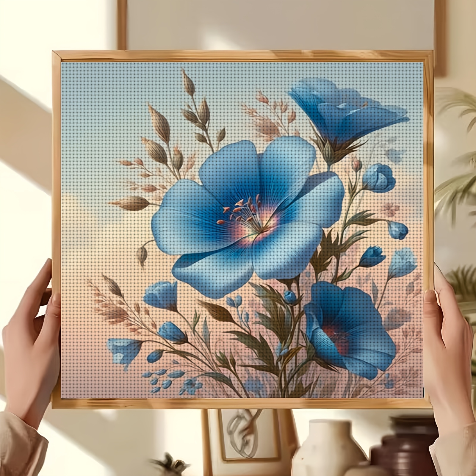Complete DIY Cross-Stitch Starter Kit, Blue Flowers Blooming Pattern