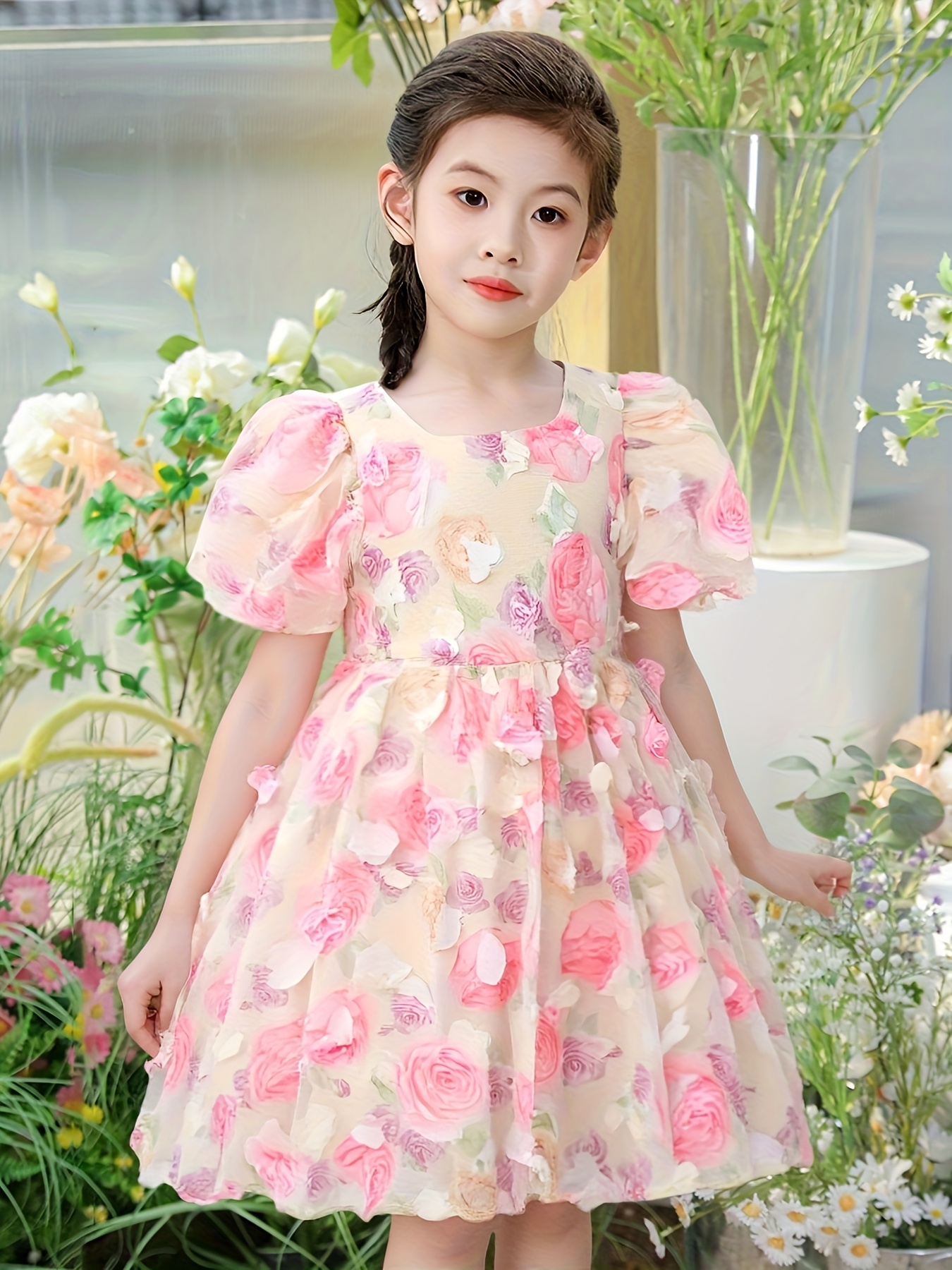 elegant pink flower girl dress high low tail sleeveless knee