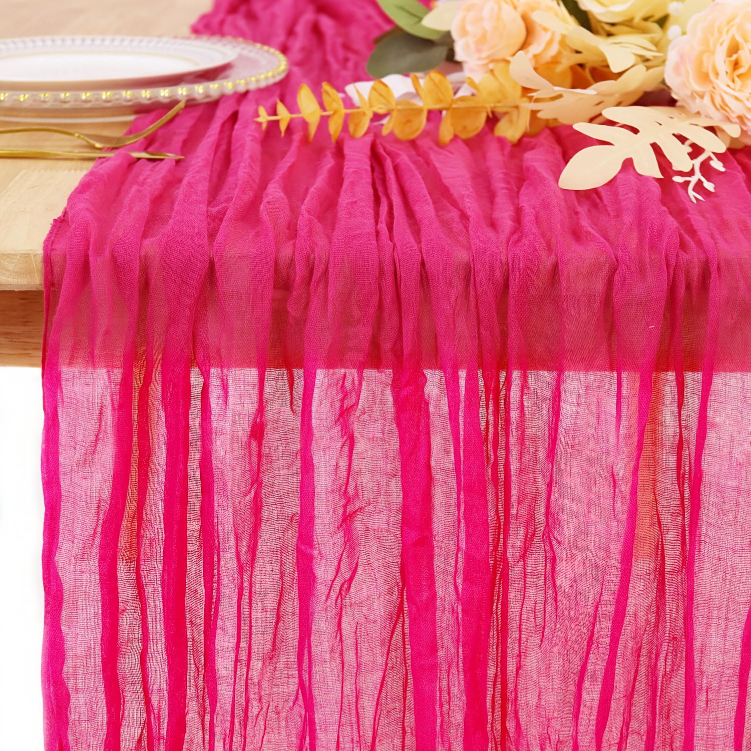 E-shop 120-Zoll langer, heißrosa Tischläufer aus Käsegaze - Rustikaler Boho-Gaze-Tischläufer für Hochzeiten, Babypartys & Deko im Bauernhaus-Stil,