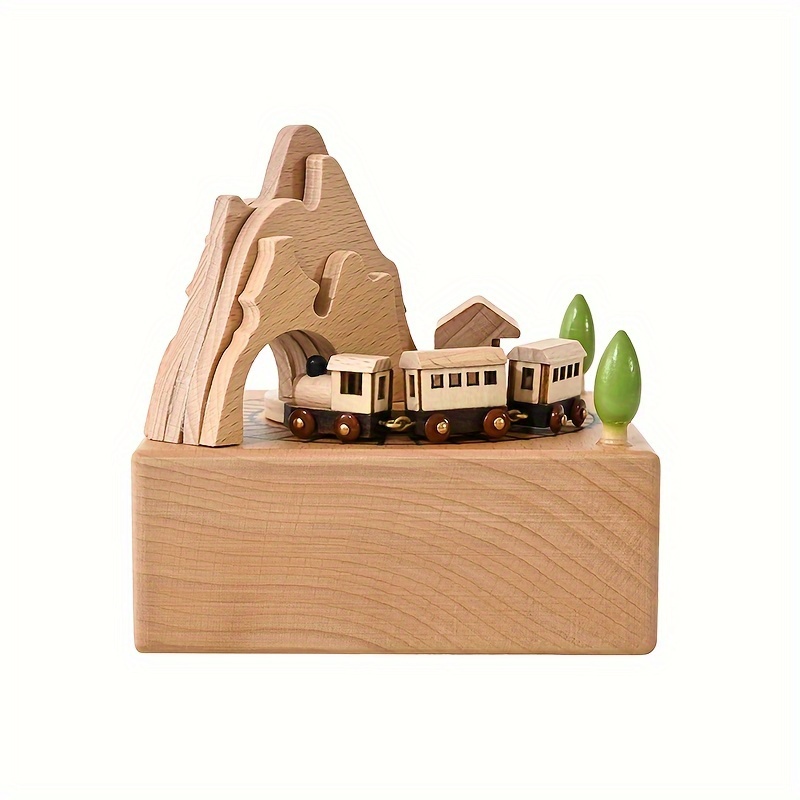 TEMU Charming Wooden Train Box With Rotating Alpine Tunnel - Birthday Or Gift For Home Decor