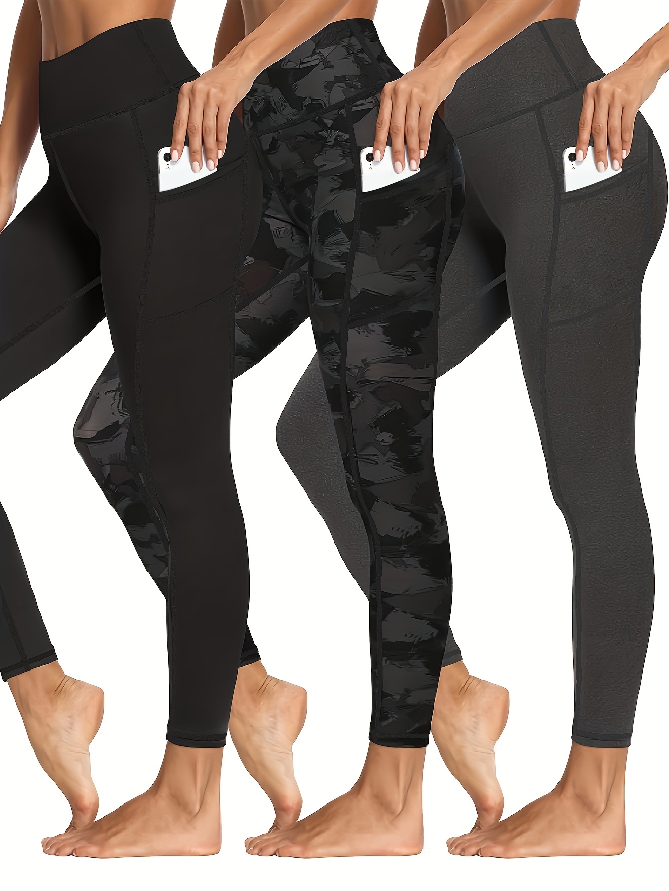 Solid High Waist Leggings 3-Pack (Navy, Black, Graphite)