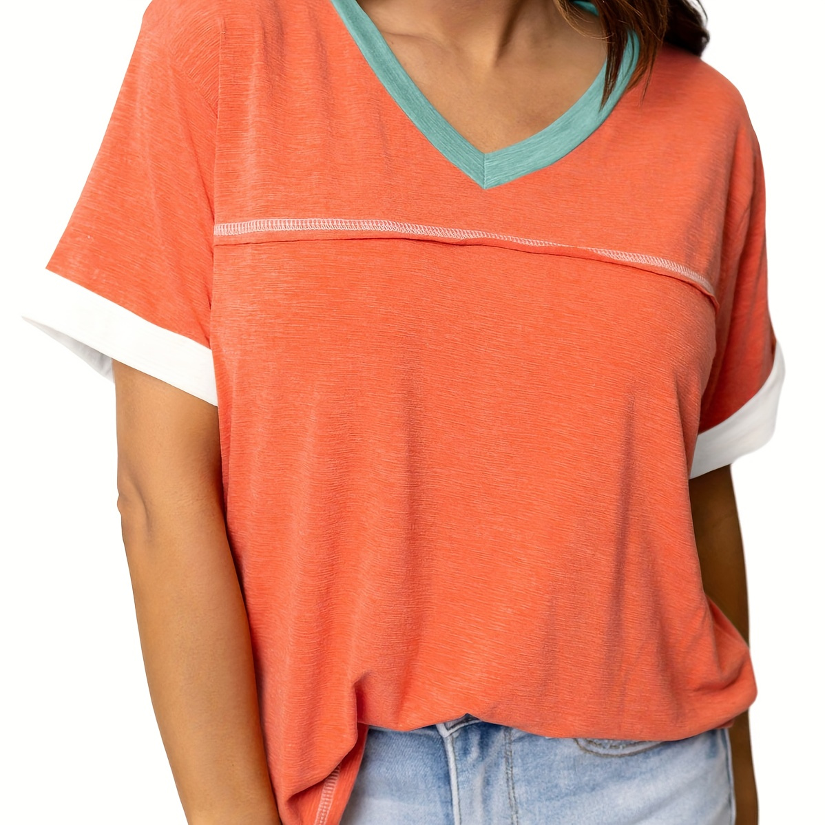 

Contrast Trim V Neck T-shirt, Casual Short Sleeve Top For Spring & Summer, Women's Clothing