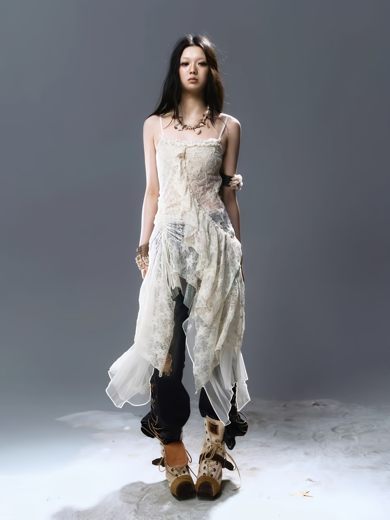 irregular mesh stitching dress style lace suspender skirt niche design