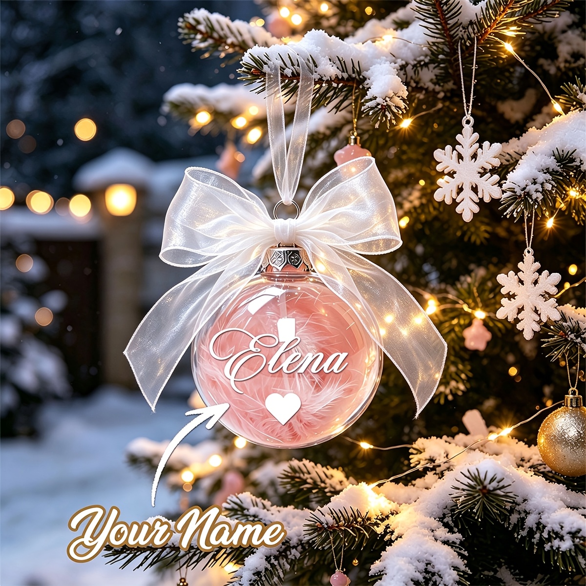 TEMU 2026 New Personalized Custom Name Christmas Ornaments, Custom Transparent Feather Christmas Balls With Tulle Bow, Custom Christmas Tree Hanging
