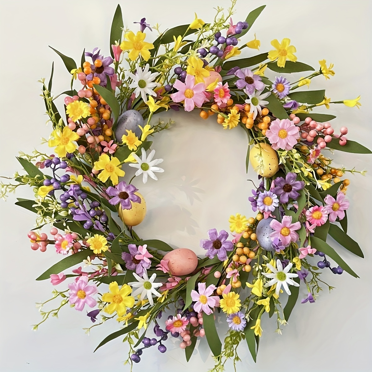 

Easter Egg Wreath - 20" Handcrafted With Yellow, Daisies And Berries - Front Door, Spring Wall Decor, Parties & Home