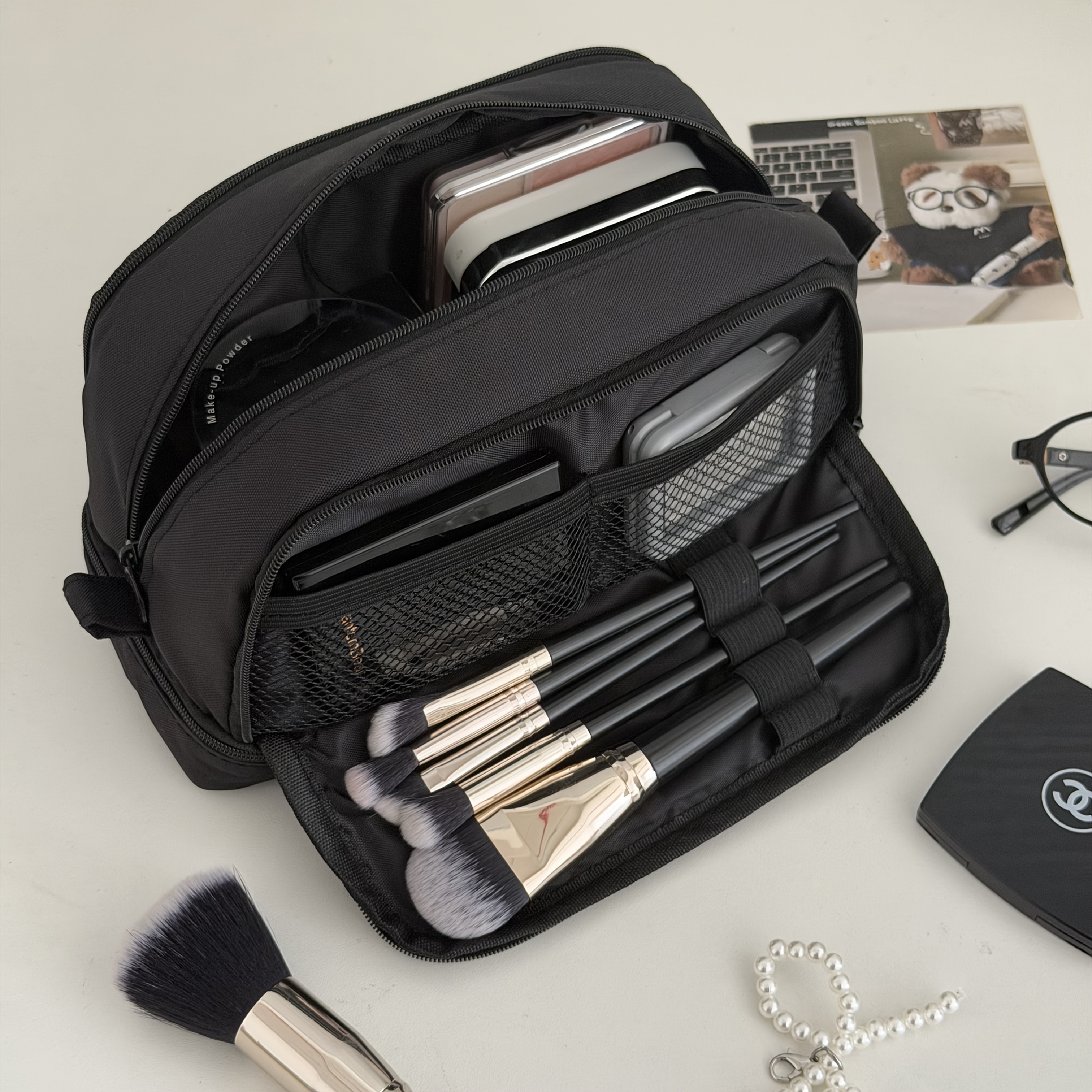 TEMU Trousse de maquillage : Trousse de maquillage à couches de couleur unie, et de grande valeur, portable pour , organisateur de cosmétiques de
